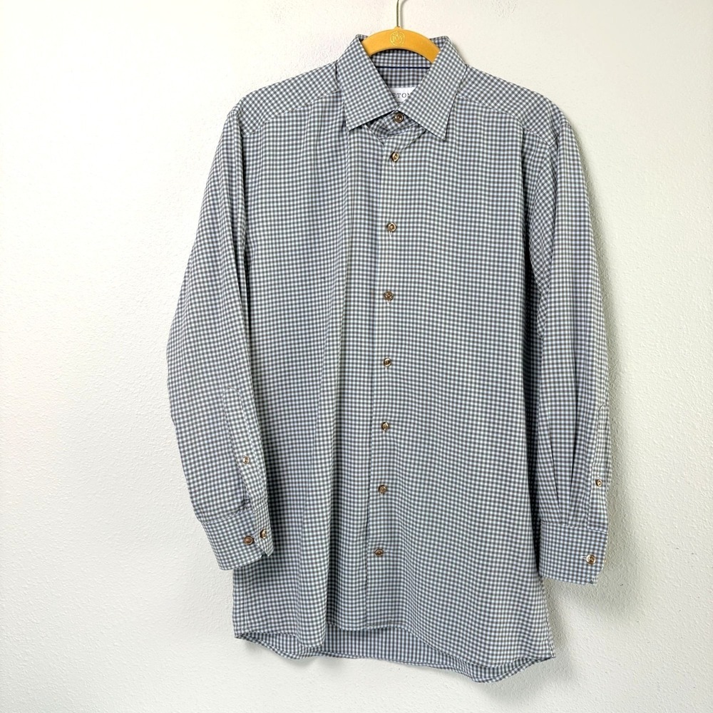 Eton Button Down Contemporary Shirt Mens L 16 41 Brown Blue Check Long Sleeve